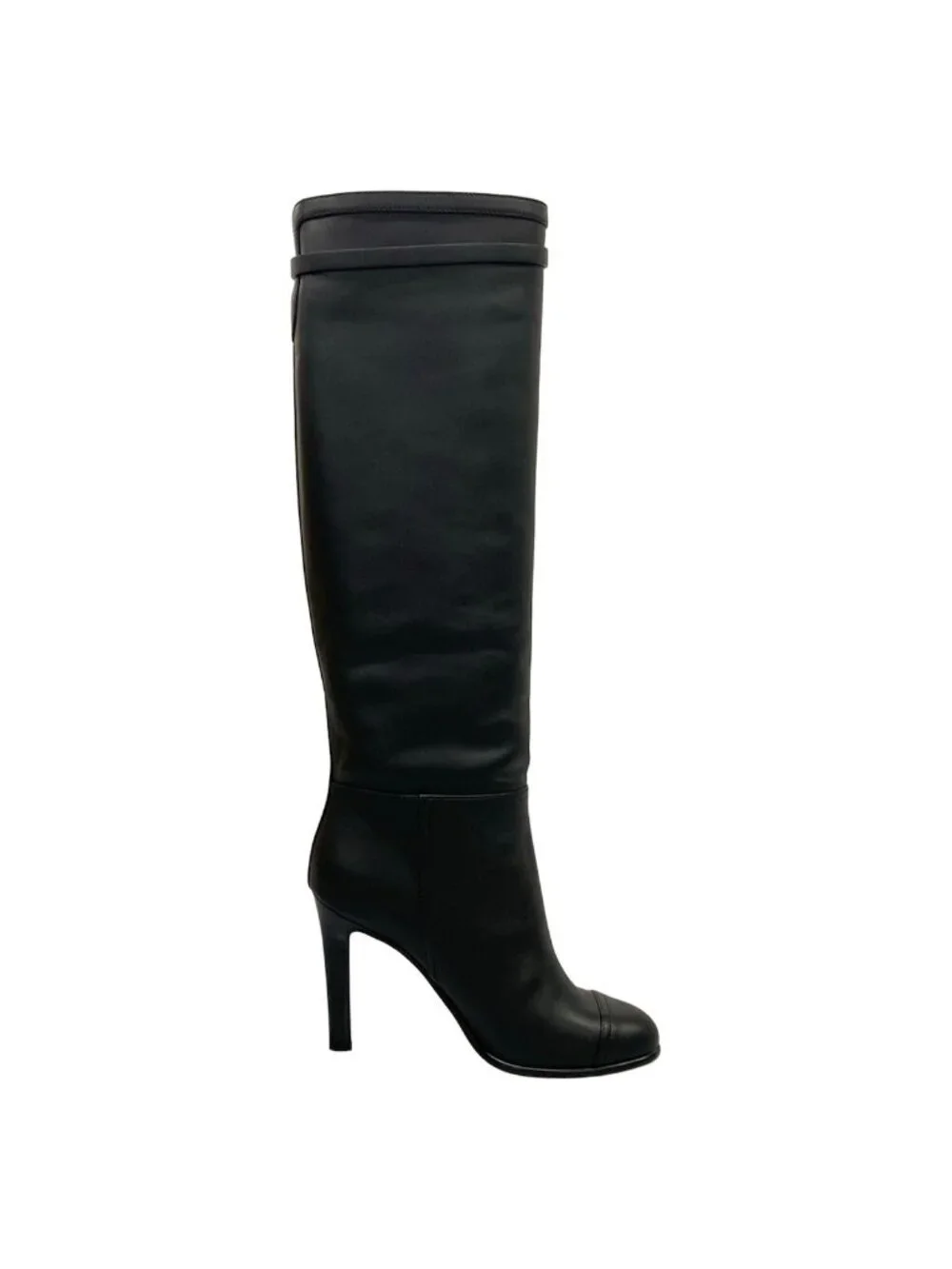 Chanel Long Boots 37.5 C Black CC Logo Leather